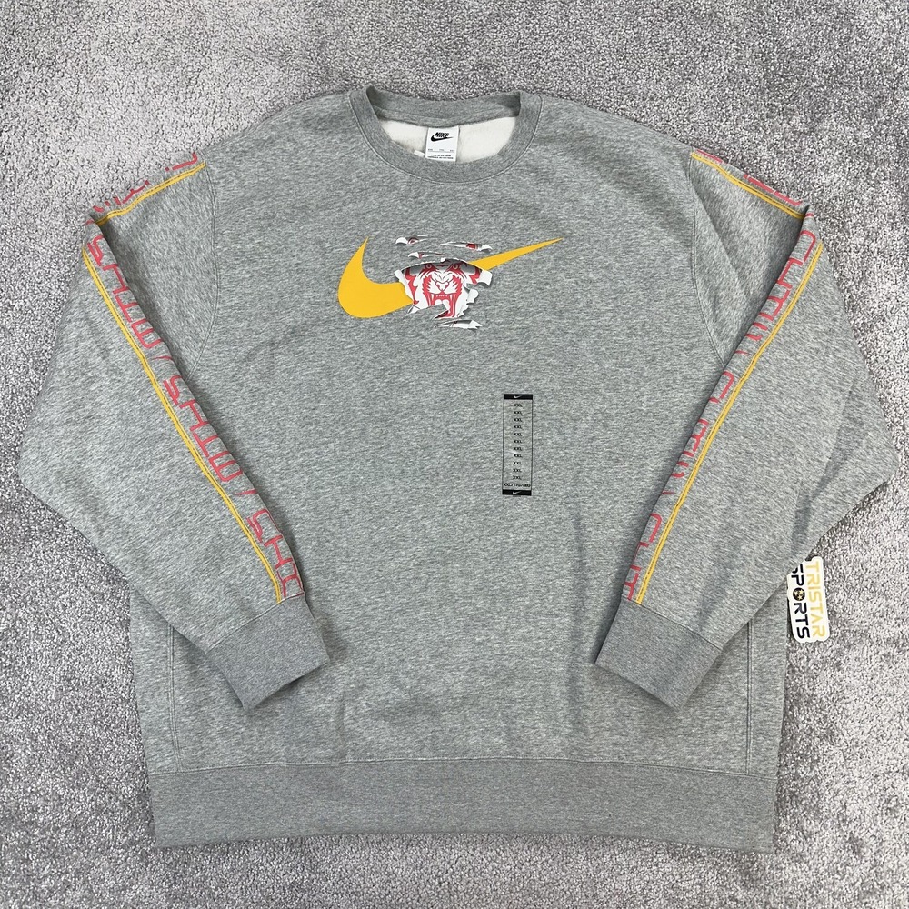 Nike Sweatshirt Mens 2XL Gray Club Fleece Swoosh Tiger Graphic Crew DN5191-063